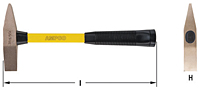 Image of a scaling hammer shows a yellow fiberglass handle with the word "AMPCO" printed on it. The hammer has a rectangular head, viewed from both the side and an angled front head perspective. Measurement lines are shown, indicating length (L) and heigh